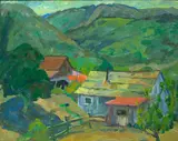 Jeanette Maxfield Lewis, Valley farm, oil on canvas board