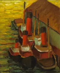 Otis Oldfield, Tugs at dock from Telegraph Hill studio, San Francisco, 1929, oil on masonite