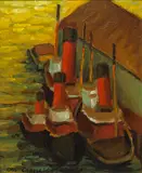 Otis Oldfield, Tugs at dock from Telegraph Hill studio, San Francisco, 1929, oil on masonite