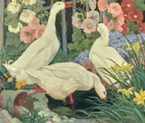 Jessie Arms Botke, Geese at a pond, oil on canvas affixed to board