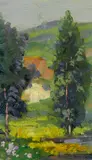 Trees and distant wash by Maurice Braun, oil on board, sold Aug 2016