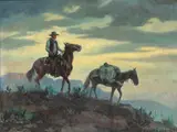 A cowboy and packhorse riding through the desert at sunset by Olaf Wieghorst, oil on canvas board, sold Aug 2016