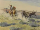 Edward Borein, Cowboy chasing a steer, watercolor on paper
