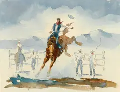 Bronco buster (Breaking 'em in) by Elling William "Bill" Gollings, watercolor and ink on paper, sold Aug 2016