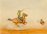 Olaf Wieghorst, Cowboy roping a steer, watercolor on paper