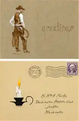 Olaf Carl Seltzer, Envelope for letter to Phil Des Jardine; Greeting card and envelope to William H. Marks (A group of two)