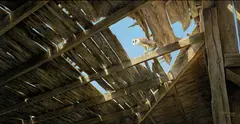 Stephen Lyman, Owl peering through a hole in the roof, 1982, oil on masonite