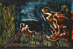 Cady Wells, Rocks #1, Jacona, New Mexico; Mesa landscape with white clouds (Study for Rocks and Clouds)(double-sided), watercolor and gouache on paper