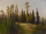 Hermann Herzog, Group of pine trees, oil on canvas