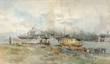 Chris Jorgensen, Harbor scene, 1923, watercolor on paper affixed to board