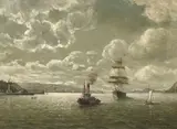 William A. Coulter, Red Stack tug and clipper ship in the Golden Gate, oil on canvas