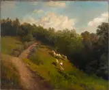 Hermann Herzog, Young boy with his flock, oil on canvas