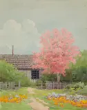 Lorenzo Palmer Latimer, House with a flowering tree; Path to the water (two), first signed 'L. P. Latimer' (lower right); second signed 'L. P. Latimer' (lower left)