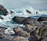 Paul Lauritz, Sun dappled rocks along the coast, oil on canvas