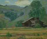 Hillside wildflowers with barn by William Wendt, oil on canvas, sold Apr 2016