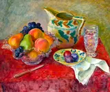 Mabel Alvarez, Still life with fruit, pitcher and glass, oil on canvas