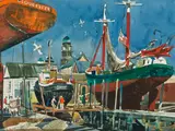 Millard Sheets, Old City Hall and boats dry dock, Gloucester, Massachusetts, watercolor on paperboard