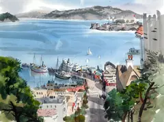 Jade Fon, View of San Francisco Bay, watercolor on paper