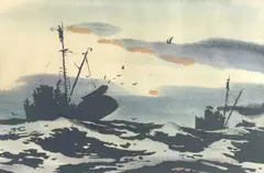 Rex Brandt, Fishing boats on choppy seas, watercolor on paper