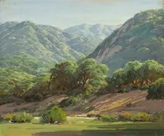 Paul A. Grimm, Sunlight on green hills; Field with hills beyond; Wooded canyon; Grove of trees with fence (group of four), first, third and fourth oil on board; second oil on canvas affixed to board