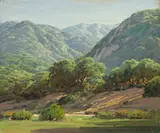 Paul A. Grimm, Sunlight on green hills; Field with hills beyond; Wooded canyon; Grove of trees with fence (group of four), first, third and fourth oil on board; second oil on canvas affixed to board