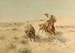 Herman Wendleborg Hansen, Buffalo hunt, watercolor on paper affixed to board