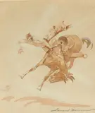Edward Borein, Cowboy on bucking horse; Cowboy being bucked off horse (two), first watercolor on paper; second watercolor on paperboard