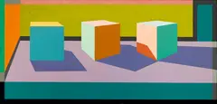 Cube Trio by Ronald Davis, 1973, Cel-Vinyl acrylic on linen on panel, offered May 2016