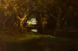 William Keith, Trees and river scene, circa 1905, oil on canvas