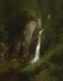 Hermann Herzog, Sunlit waterfall, oil on board