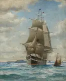 William A. Coulter, A ship of the Black Ball Line taking on a pilot, San Francisco Bay, oil on canvas