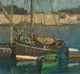 Four boats along a harbor by Edgar Alwin Payne, oil on canvas affixed to paperboard, sold Nov 2015