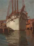White sailboat; Sails descending at Chioggia (double-sided) by Edgar Alwin Payne, oil on board, sold Nov 2015