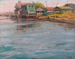 Sunset beach by Sam Hyde Harris, oil on canvas affixed to board, sold Nov 2015