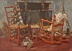 Clarence K. Hinkle, Chairs by a hearth, watercolor and gouache on paper