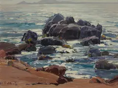 Rocky coast by Hanson Puthuff, oil on masonite, sold Nov 2015