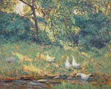 E. Roscoe Shrader, Geese (in an impressionistic landscape), oil on canvas
