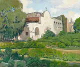 Arthur Hill Gilbert, San Juan Capistrano Mission garden, oil on canvas
