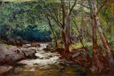Riverbank in a forrest by William Wendt, oil on canvas, sold Nov 2015