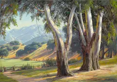 Eucalyptus by a split rail fence by Paul Grimm, oil on canvas, sold Nov 2015