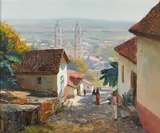 Anthony Thieme, Taxco Street Down Hill, oil on canvas