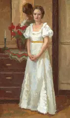 Gerald Vivian Davis, A standing woman in a white dress with a bouquet of flowers, 1955, oil on canvas