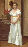 Gerald Vivian Davis, A standing woman in a white dress with a bouquet of flowers, 1955, oil on canvas