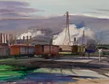 Freight cars idle by Emil Kosa Jr., watercolor on paper, sold Nov 2015