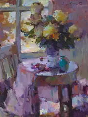 Sergei Bongart, Still life with flowers and a blue vase on a table, 1968, oil on canvas