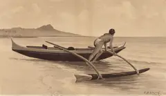 Joseph Dwight Strong, Pushing the outrigger, 1886, ink on paper affixed to paperboard