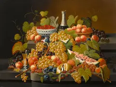 Severin Roesen, Fruit and Champagne on Double Tier, circa 1854-58, oil on canvas