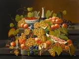 Severin Roesen, Fruit and Champagne on Double Tier, circa 1854-58, oil on canvas