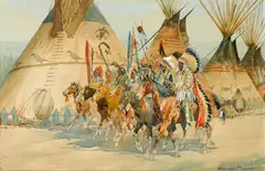 Edward Borein, Indian Chiefs Carrying Ceremonial Standard, Riding Past Wigwams, watercolor, gouache, and pencil on paper