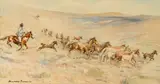 Edward Borein, Running Wild Horses, watercolor and pencil on paper